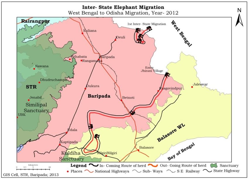 Map showing elephant migration routes across East Africa with seasonal patterns