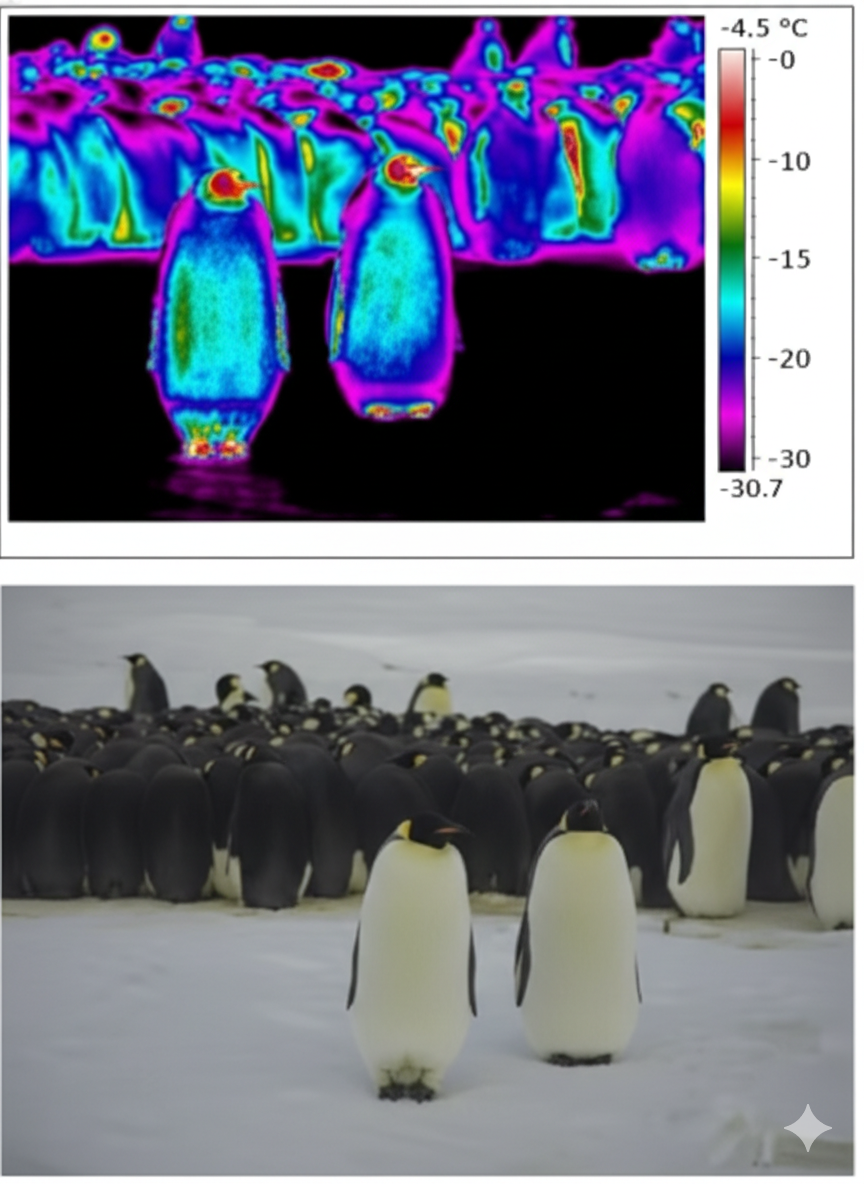 Thermal imaging of penguin huddle showing temperature distribution from blue (cold) to red (warm)